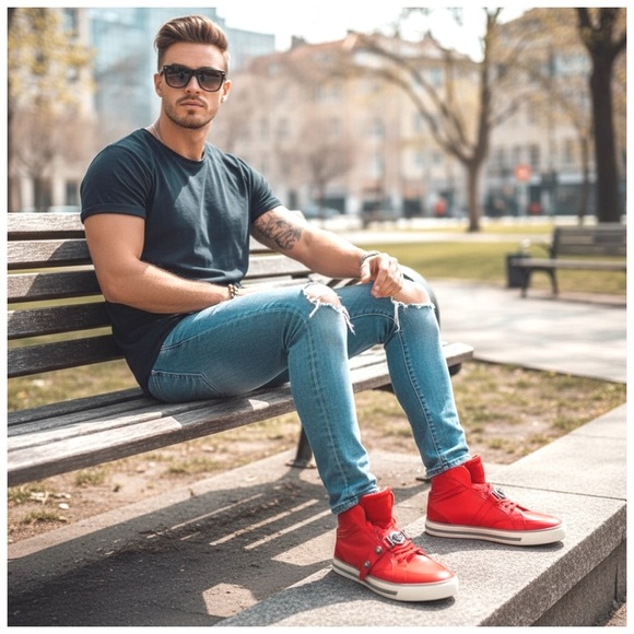 Versace Men's ‘Medusa’ High-Top Leather Sneakers w/ Hardware. Red, White. US 9 - Picture 1 of 13